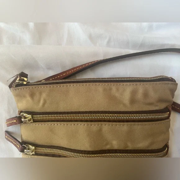 Dooney and Bourke Iconic Tan Crossbody Satchel Leather Stitched Strap - Picture 13 of 14